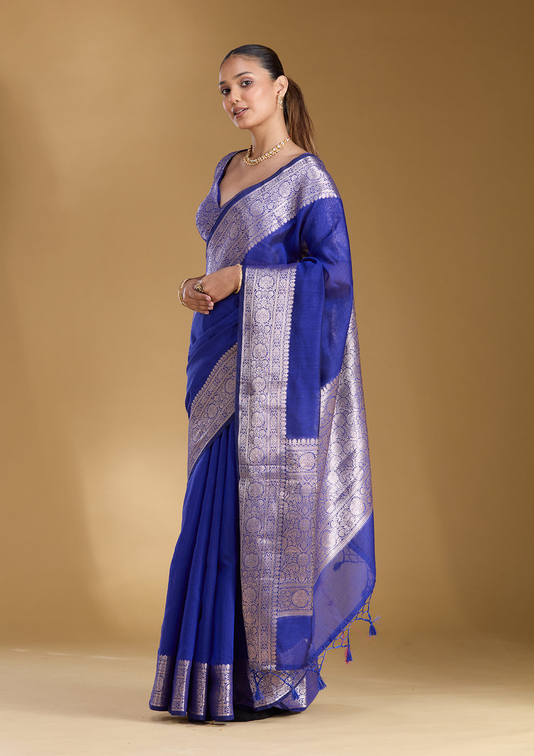 Royal Blue Cotton Plain Gold Zariwork Saree With Matching Blouse Piece