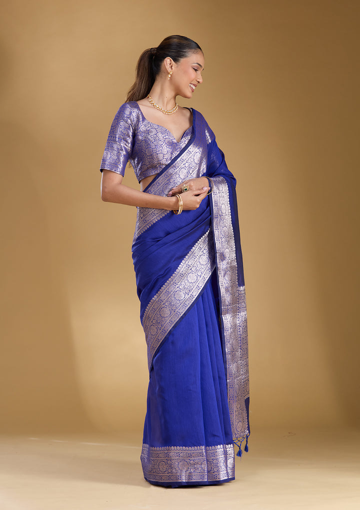 Royal Blue Cotton Plain Gold Zariwork Saree With Matching Blouse Piece