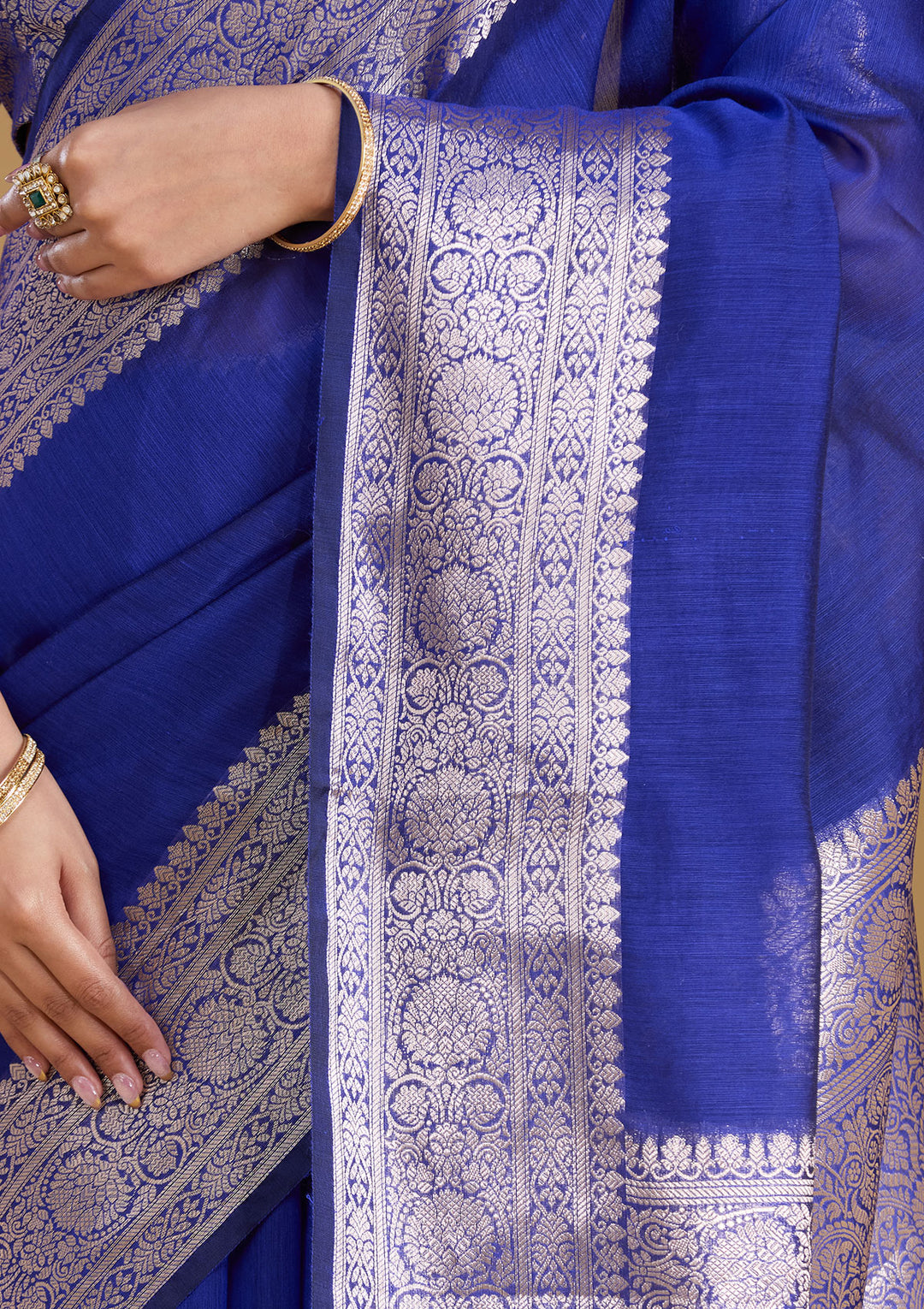 Royal Blue Cotton Plain Gold Zariwork Saree With Matching Blouse Piece