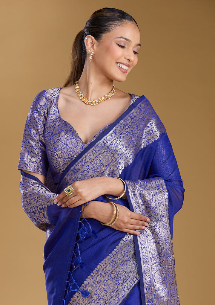 Royal Blue Cotton Plain Gold Zariwork Saree With Matching Blouse Piece