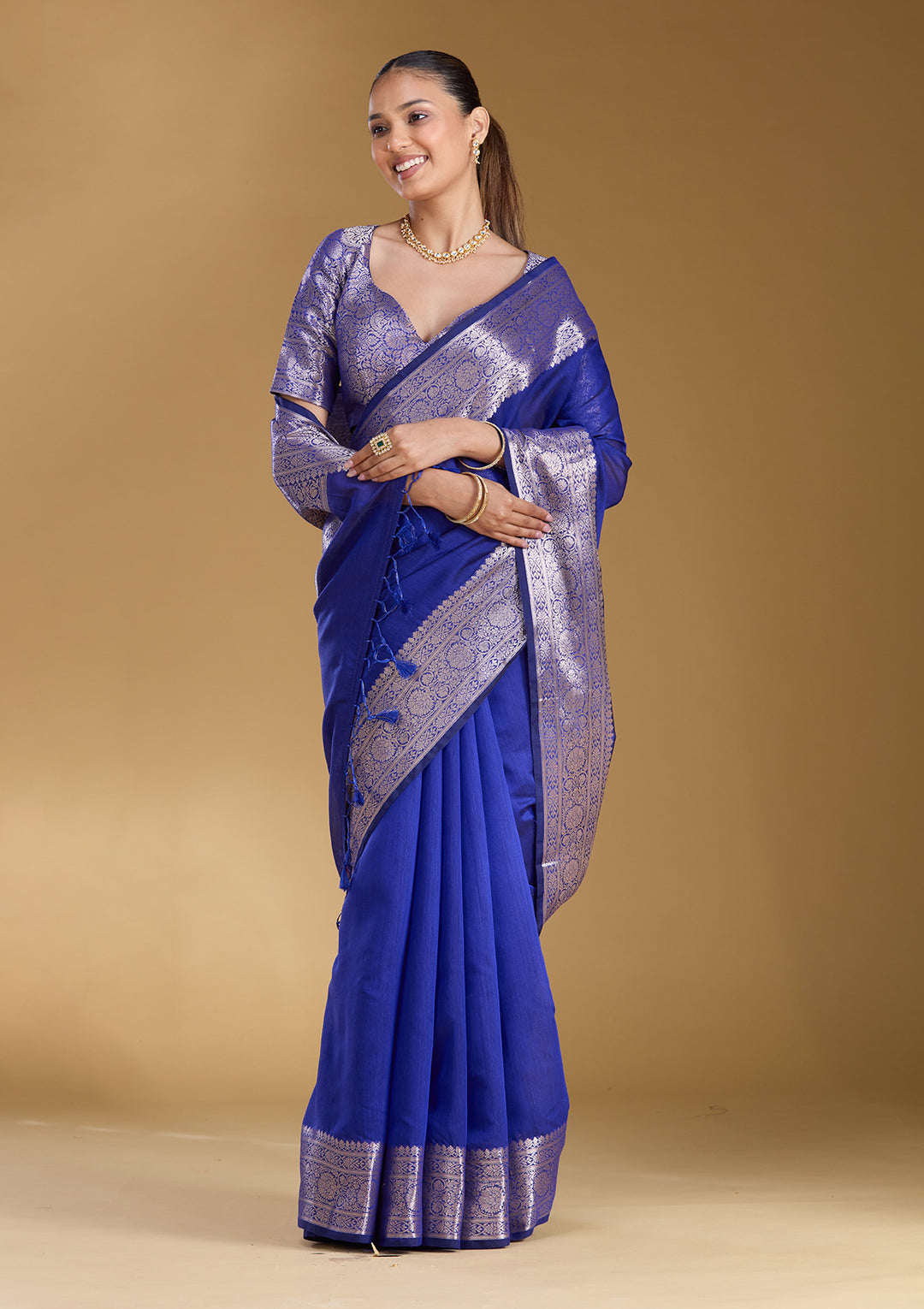 Royal Blue Cotton Plain Gold Zariwork Saree With Matching Blouse Piece