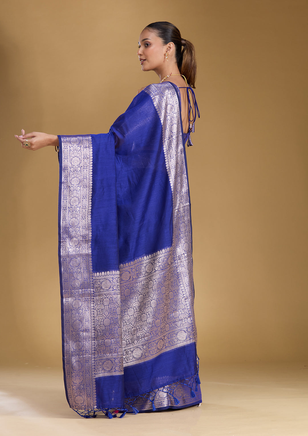 Royal Blue Cotton Plain Gold Zariwork Saree With Matching Blouse Piece