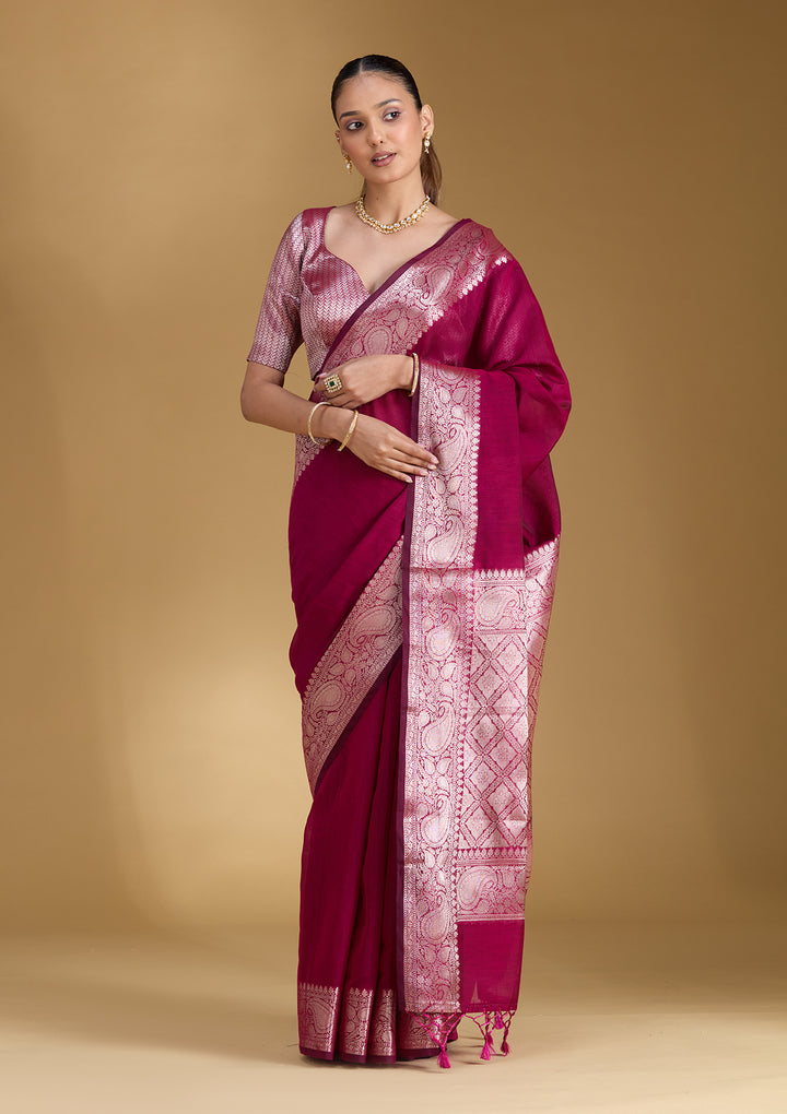 Magenta Pink Cotton Plain Gold Zariwork Saree With Matching Blouse Piece