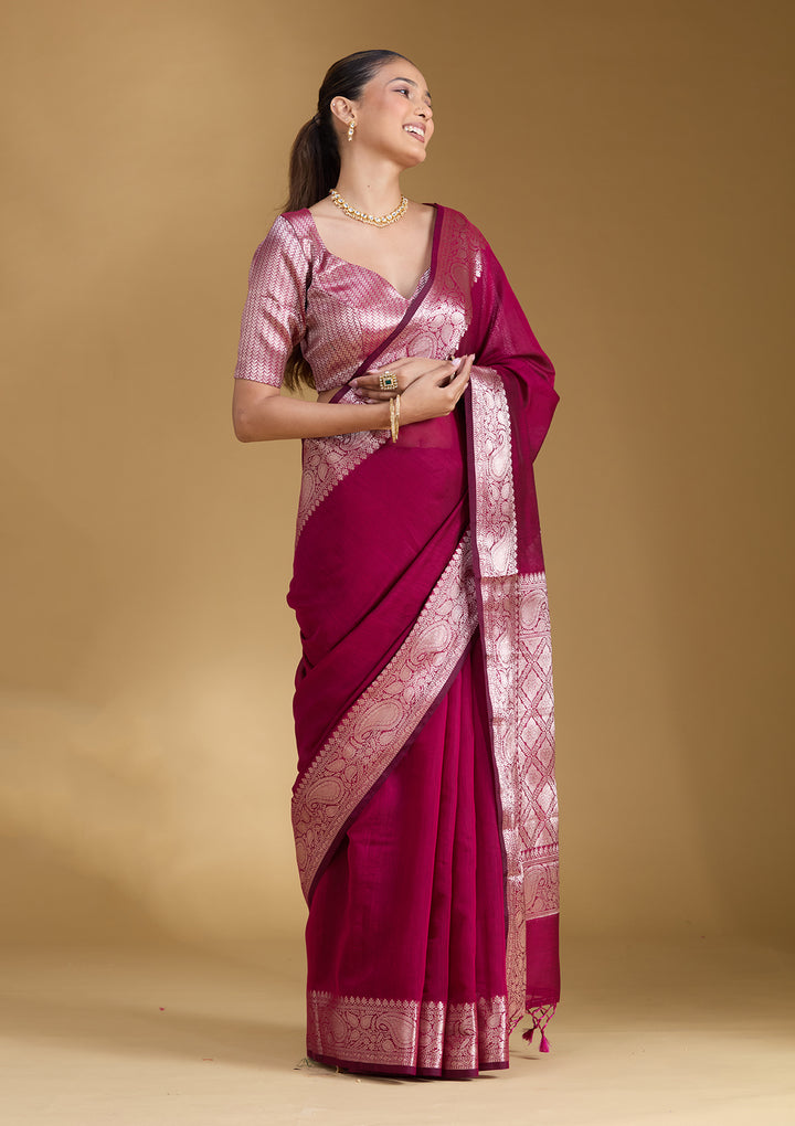 Magenta Pink Cotton Plain Gold Zariwork Saree With Matching Blouse Piece