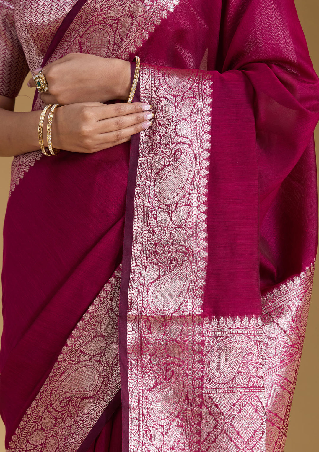 Magenta Pink Cotton Plain Gold Zariwork Saree With Matching Blouse Piece