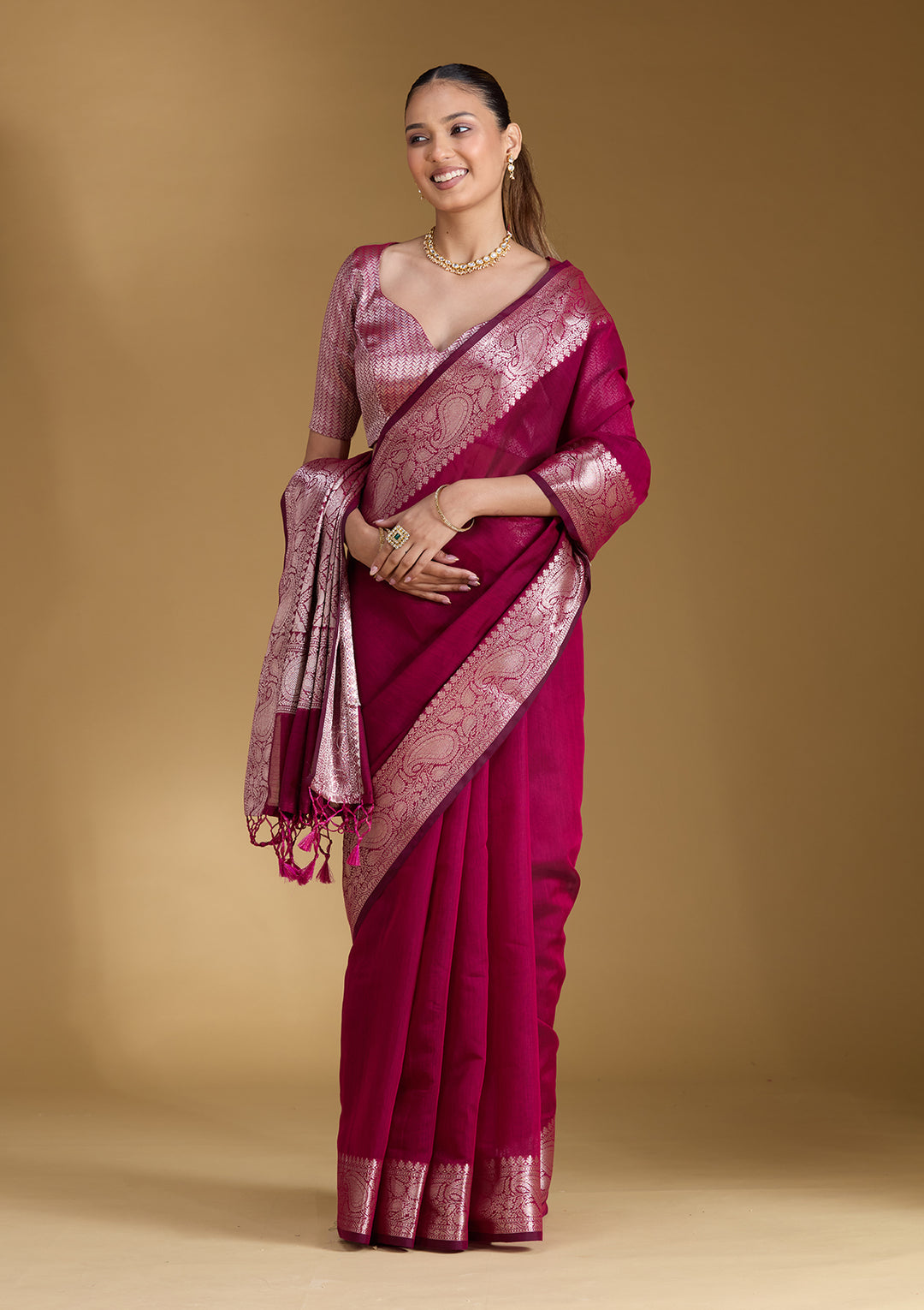 Magenta Pink Cotton Plain Gold Zariwork Saree With Matching Blouse Piece