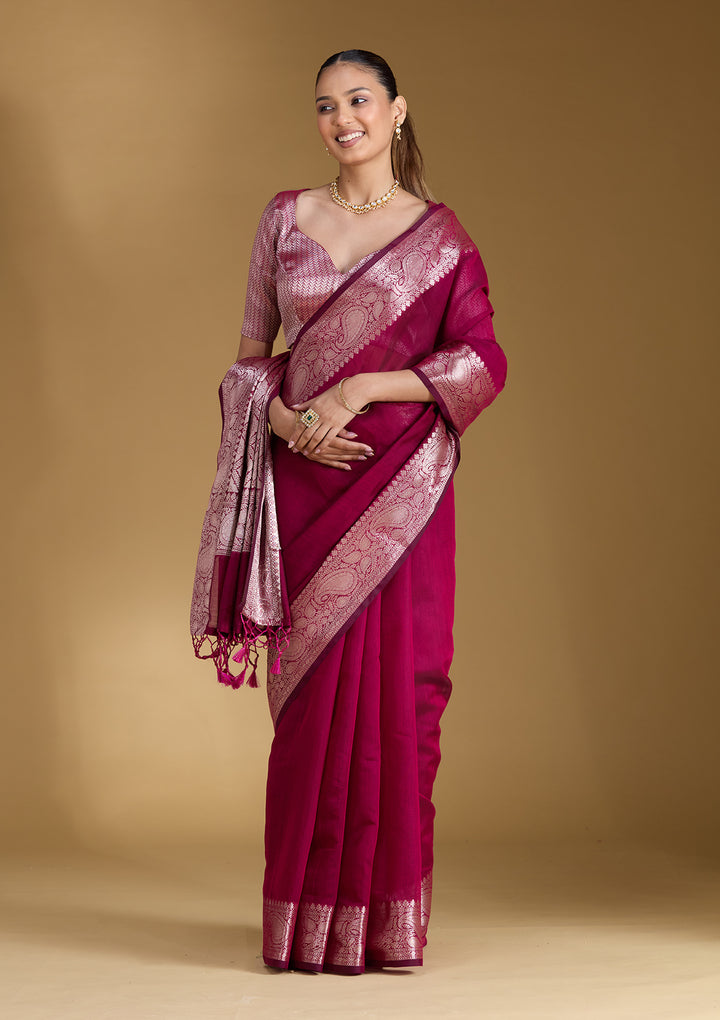 Magenta Pink Cotton Plain Gold Zariwork Saree With Matching Blouse Piece
