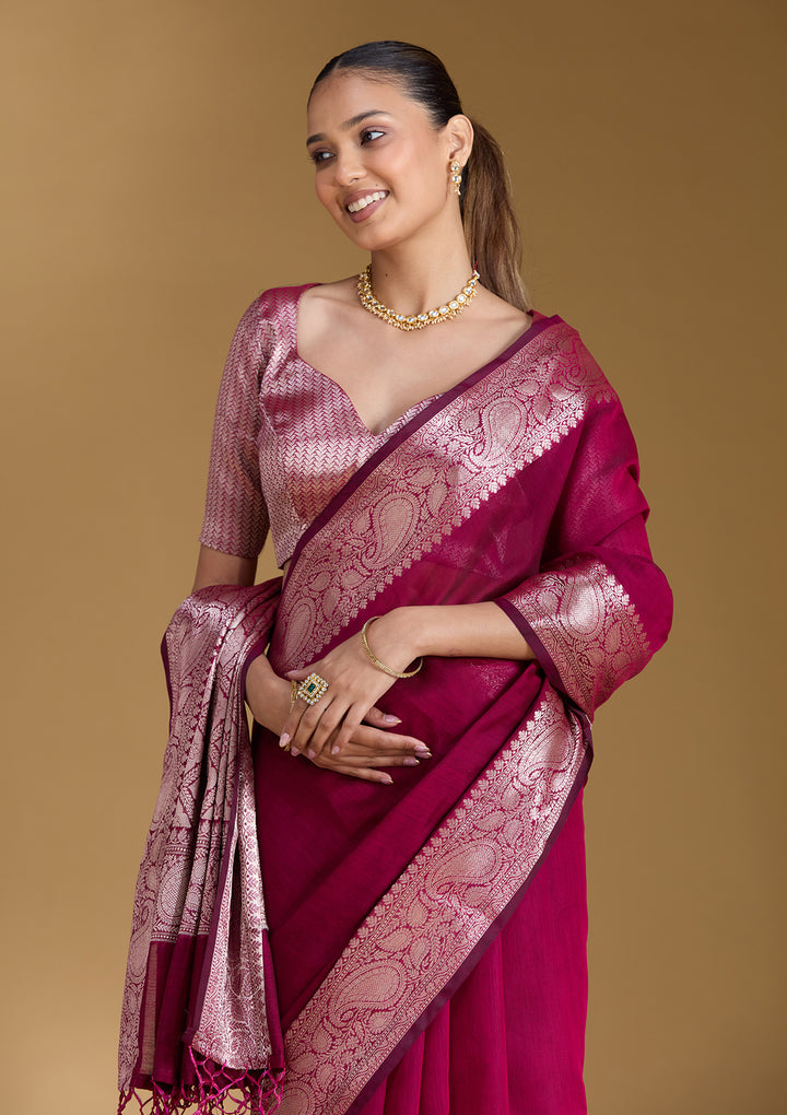 Magenta Pink Cotton Plain Gold Zariwork Saree With Matching Blouse Piece