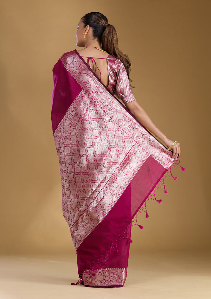 Magenta Pink Cotton Plain Gold Zariwork Saree With Matching Blouse Piece