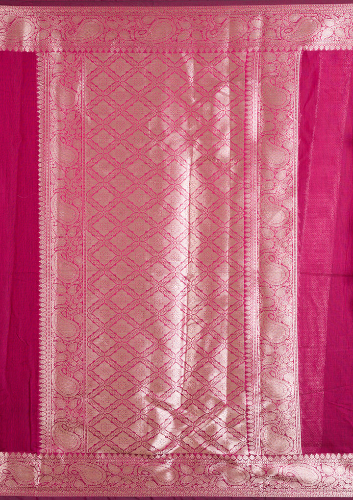 Magenta Pink Cotton Plain Gold Zariwork Saree With Matching Blouse Piece