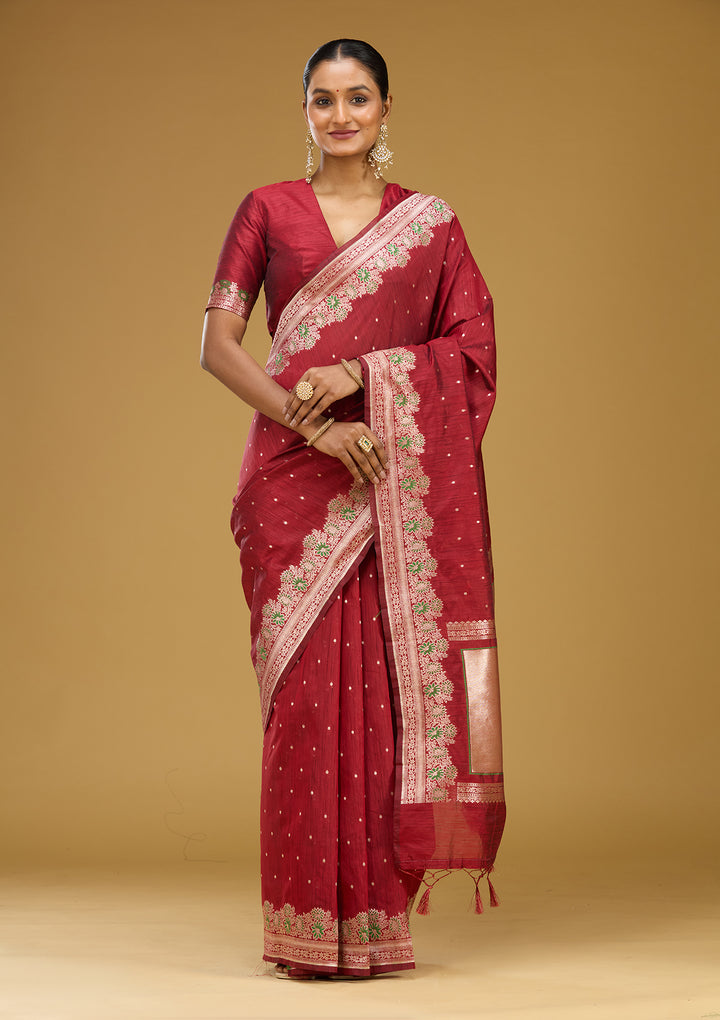 Maroon Cotton Buti Gold Zariwork Saree With Matching Blouse Piece