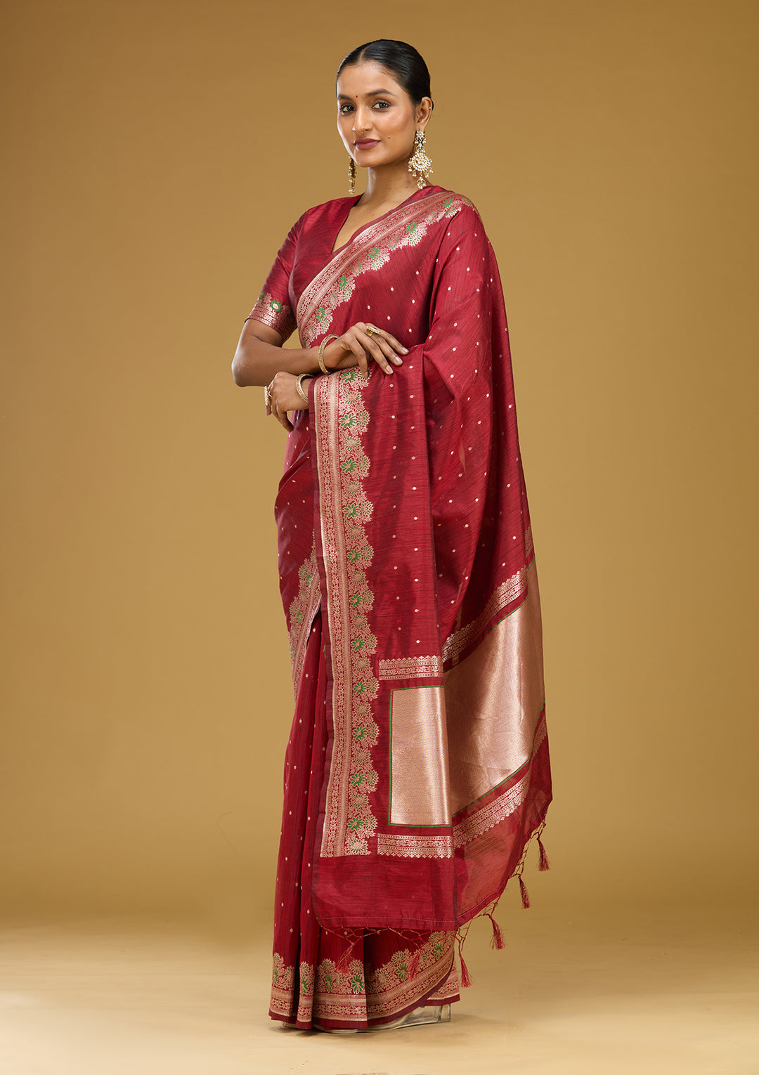 Maroon Cotton Buti Gold Zariwork Saree With Matching Blouse Piece