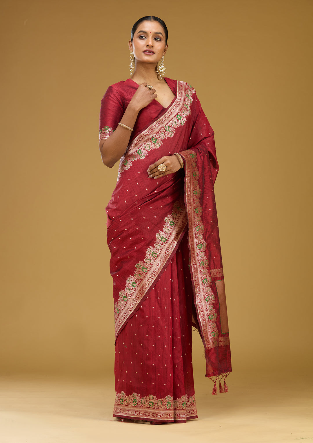 Maroon Cotton Buti Gold Zariwork Saree With Matching Blouse Piece