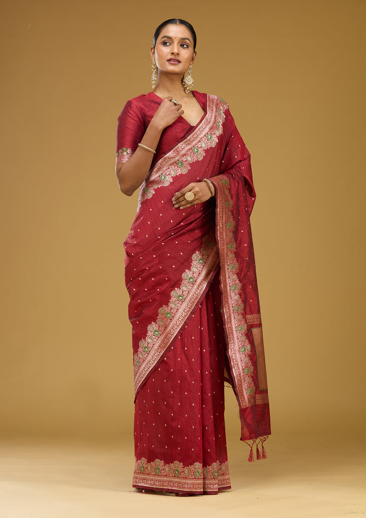 Maroon Cotton Buti Gold Zariwork Saree With Matching Blouse Piece