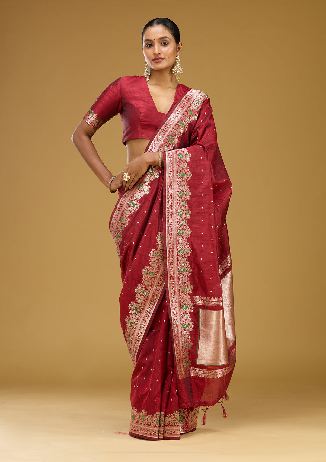 Maroon Cotton Buti Gold Zariwork Saree With Matching Blouse Piece