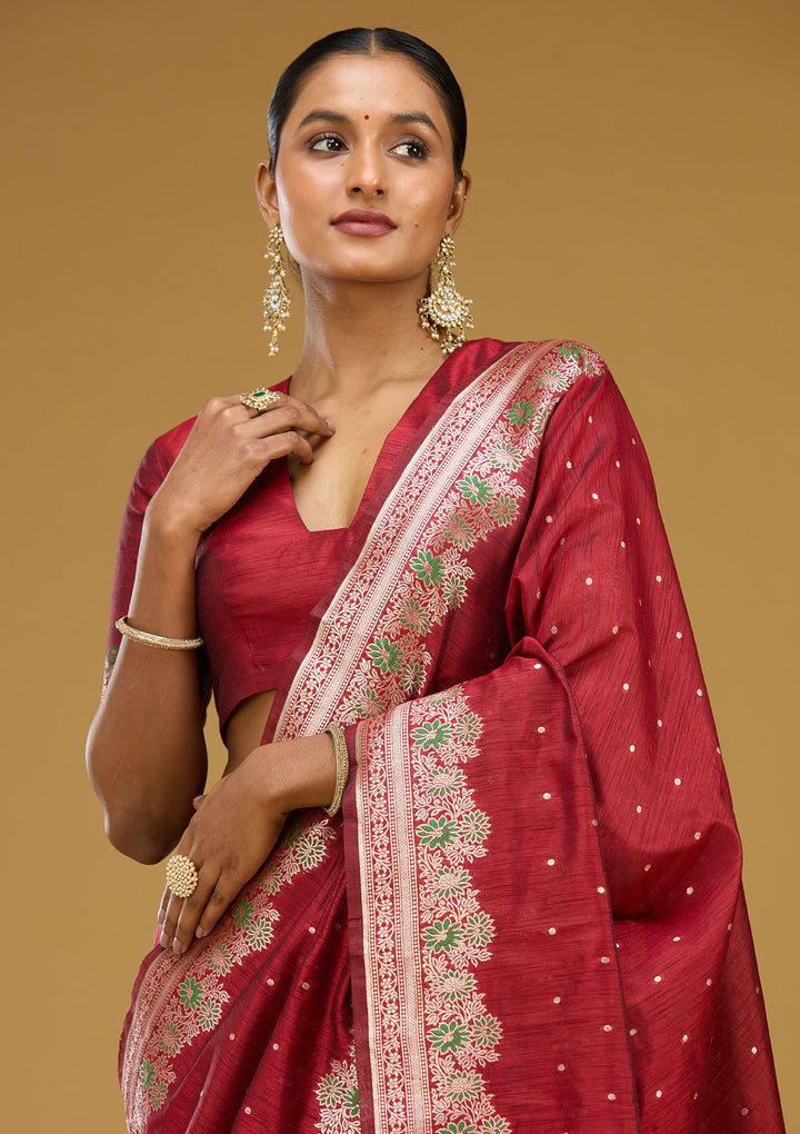 Maroon Cotton Buti Gold Zariwork Saree With Matching Blouse Piece