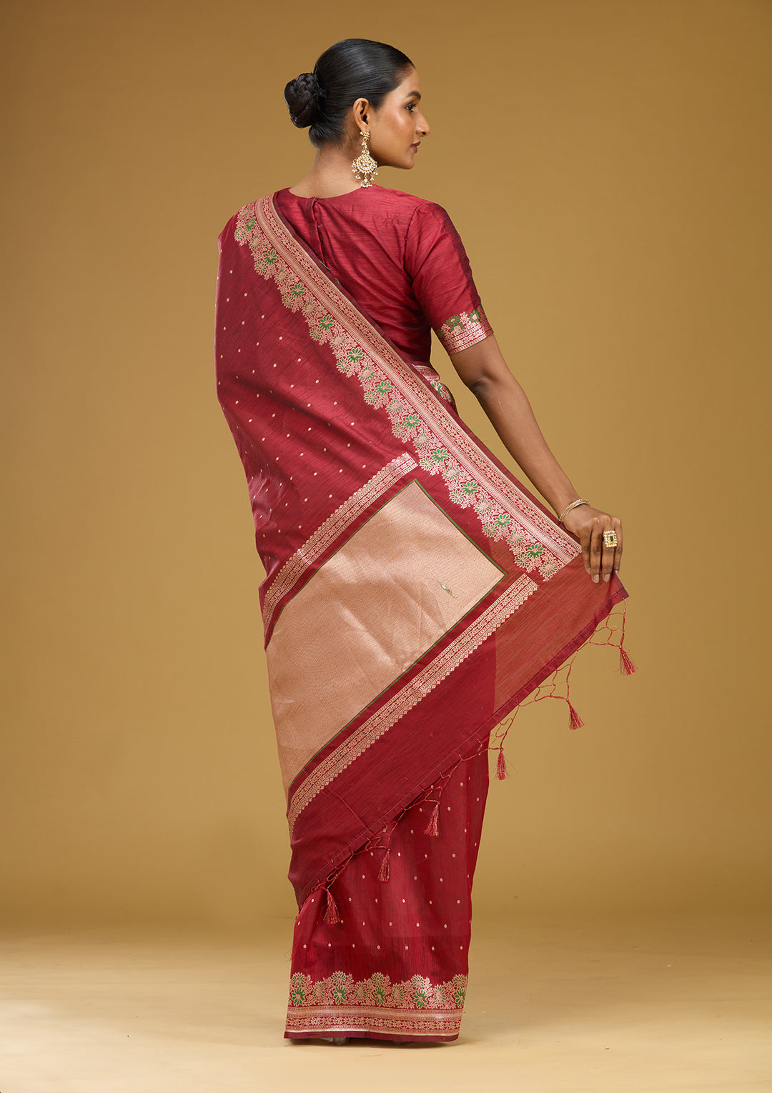Maroon Cotton Buti Gold Zariwork Saree With Matching Blouse Piece