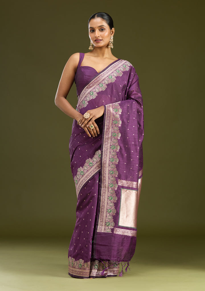 Purple Cotton Buti Gold Zariwork Saree With Matching Blouse Piece