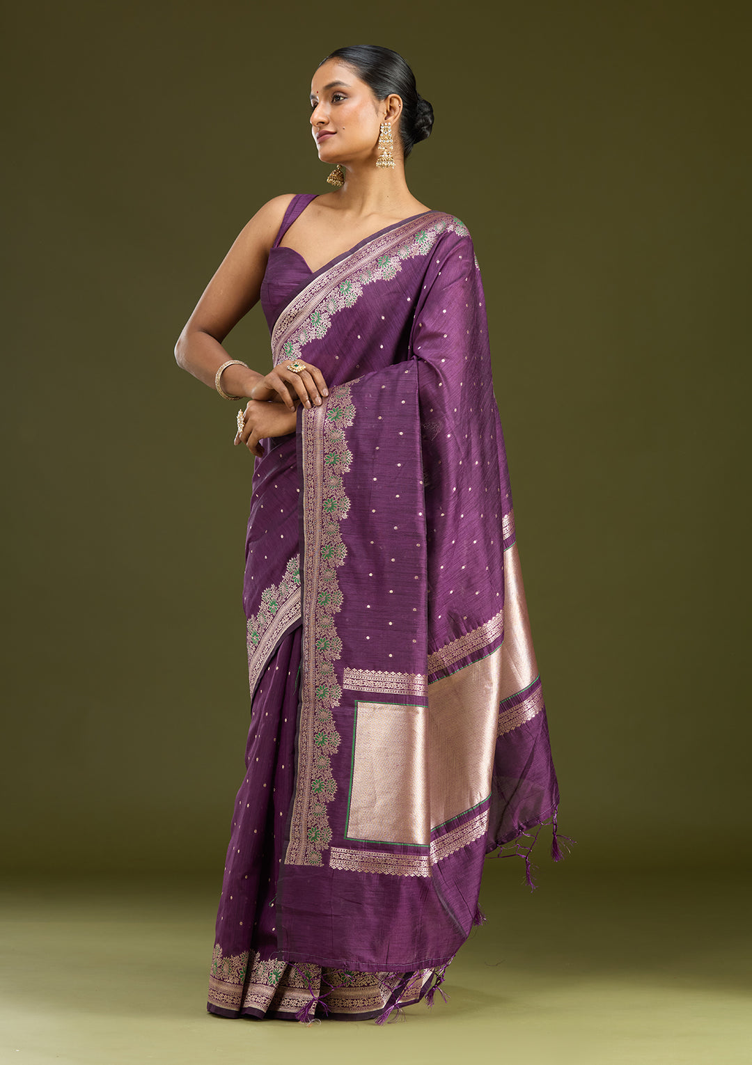 Purple Cotton Buti Gold Zariwork Saree With Matching Blouse Piece