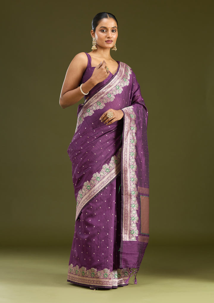 Purple Cotton Buti Gold Zariwork Saree With Matching Blouse Piece