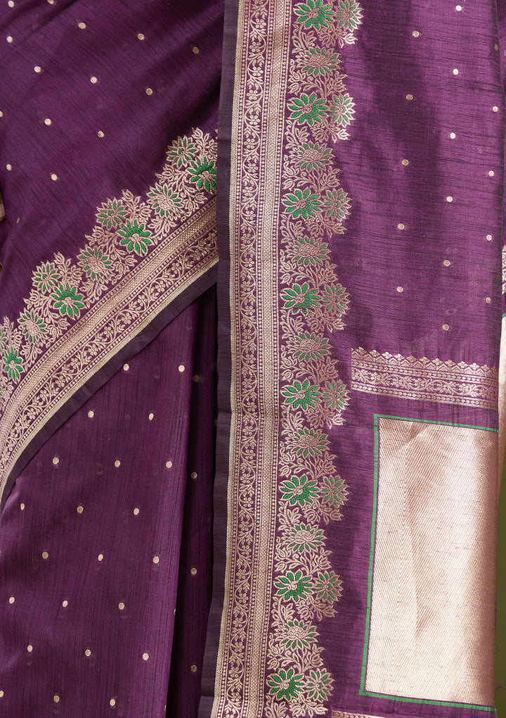 Purple Cotton Buti Gold Zariwork Saree With Matching Blouse Piece