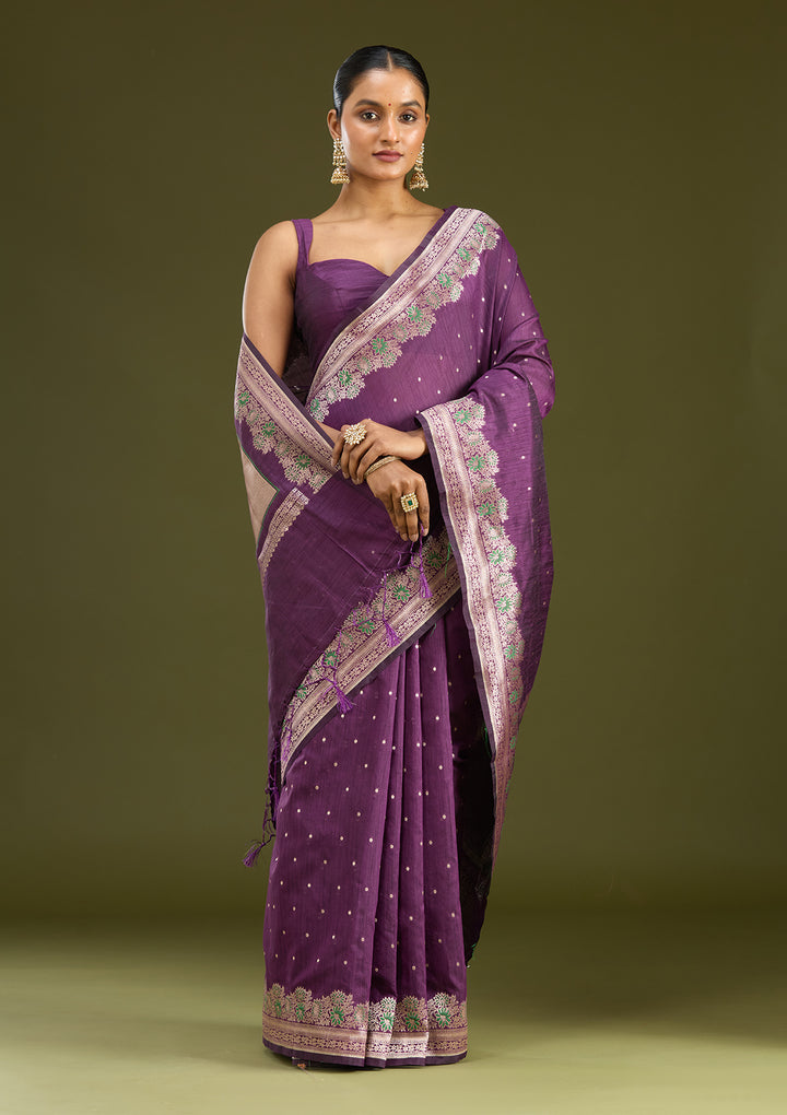 Purple Cotton Buti Gold Zariwork Saree With Matching Blouse Piece