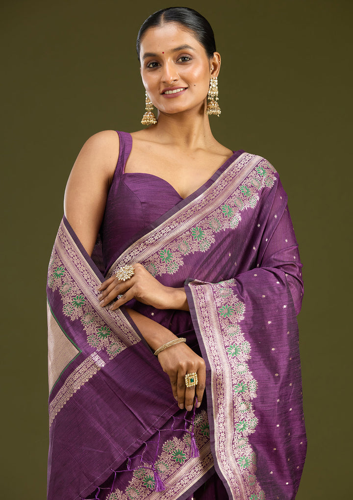 Purple Cotton Buti Gold Zariwork Saree With Matching Blouse Piece