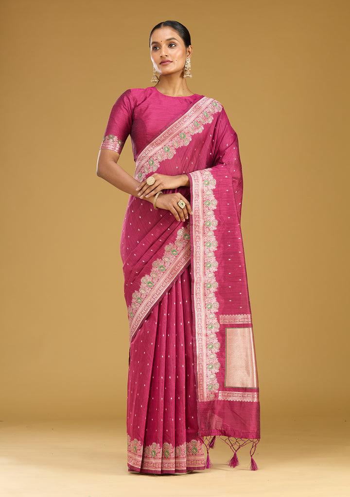 Wine Cotton Buti Gold Zariwork Saree With Matching Blouse Piece