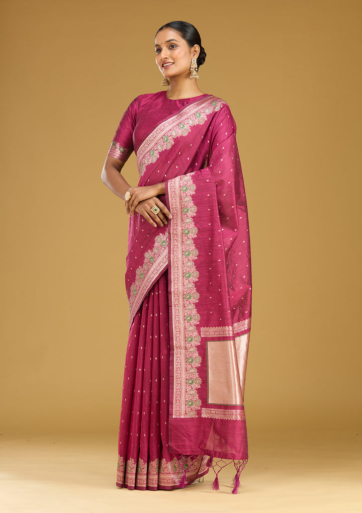 Wine Cotton Buti Gold Zariwork Saree With Matching Blouse Piece