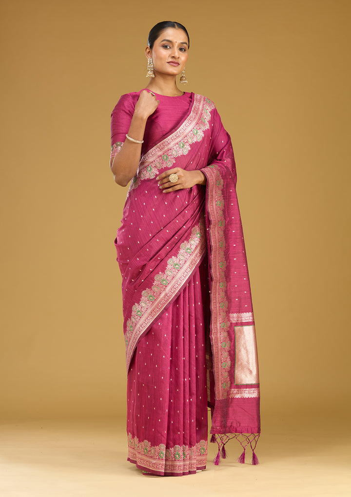 Wine Cotton Buti Gold Zariwork Saree With Matching Blouse Piece