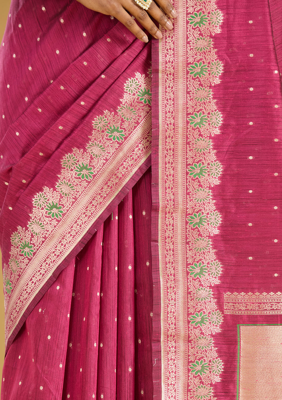 Wine Cotton Buti Gold Zariwork Saree With Matching Blouse Piece