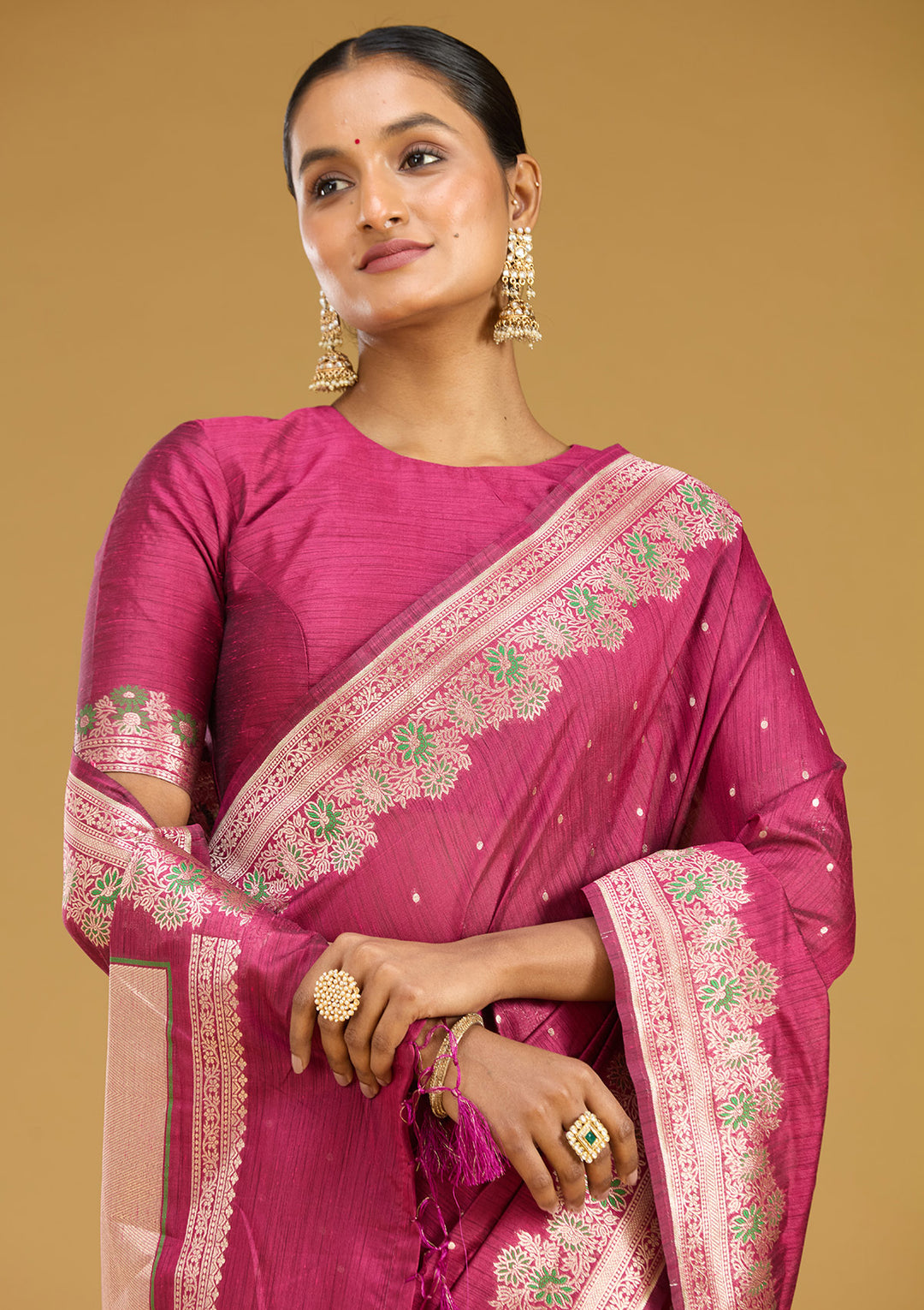 Wine Cotton Buti Gold Zariwork Saree With Matching Blouse Piece