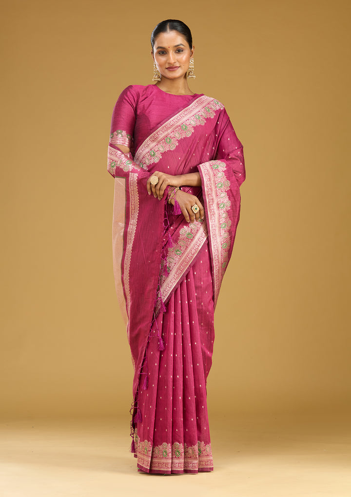Wine Cotton Buti Gold Zariwork Saree With Matching Blouse Piece