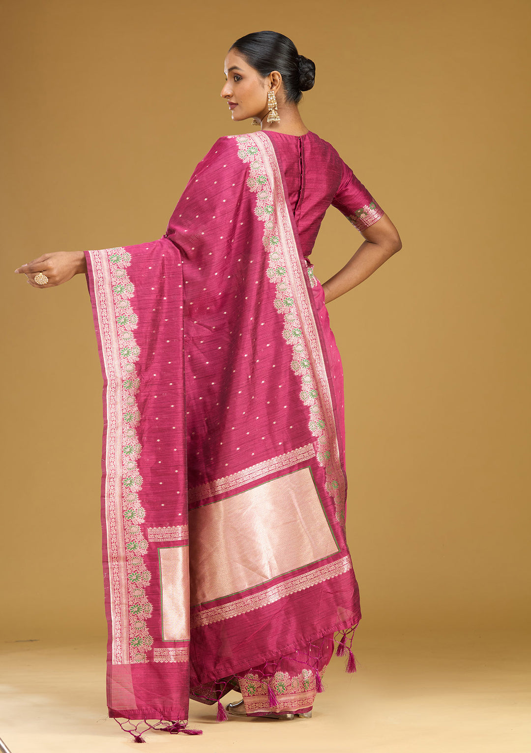 Wine Cotton Buti Gold Zariwork Saree With Matching Blouse Piece