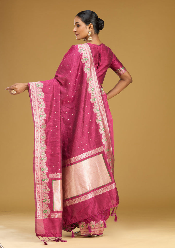 Wine Cotton Buti Gold Zariwork Saree With Matching Blouse Piece