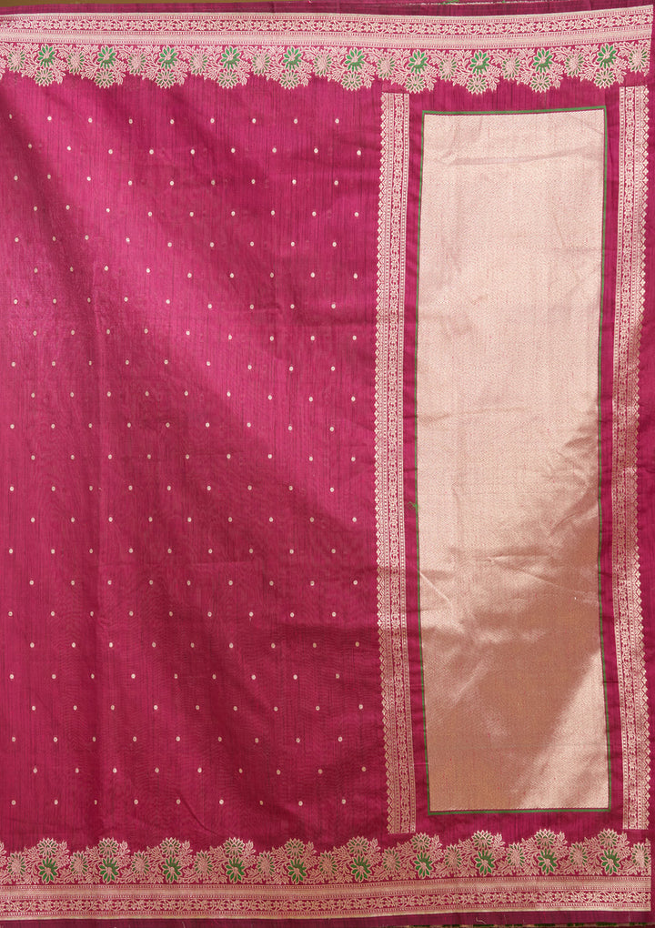 Wine Cotton Buti Gold Zariwork Saree With Matching Blouse Piece