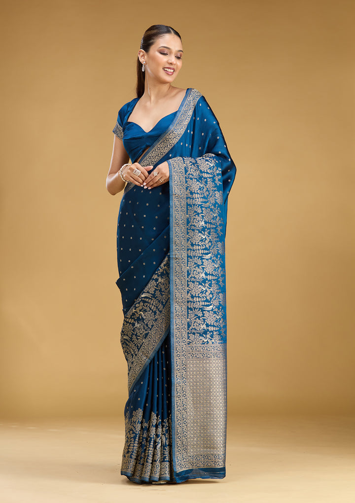 Peacock Blue Crepe Buti Gold Zariwork Saree With Matching Blouse Piece