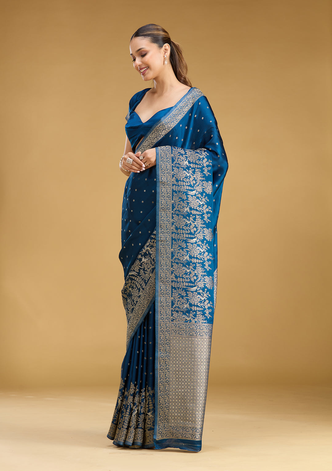 Peacock Blue Crepe Buti Gold Zariwork Saree With Matching Blouse Piece