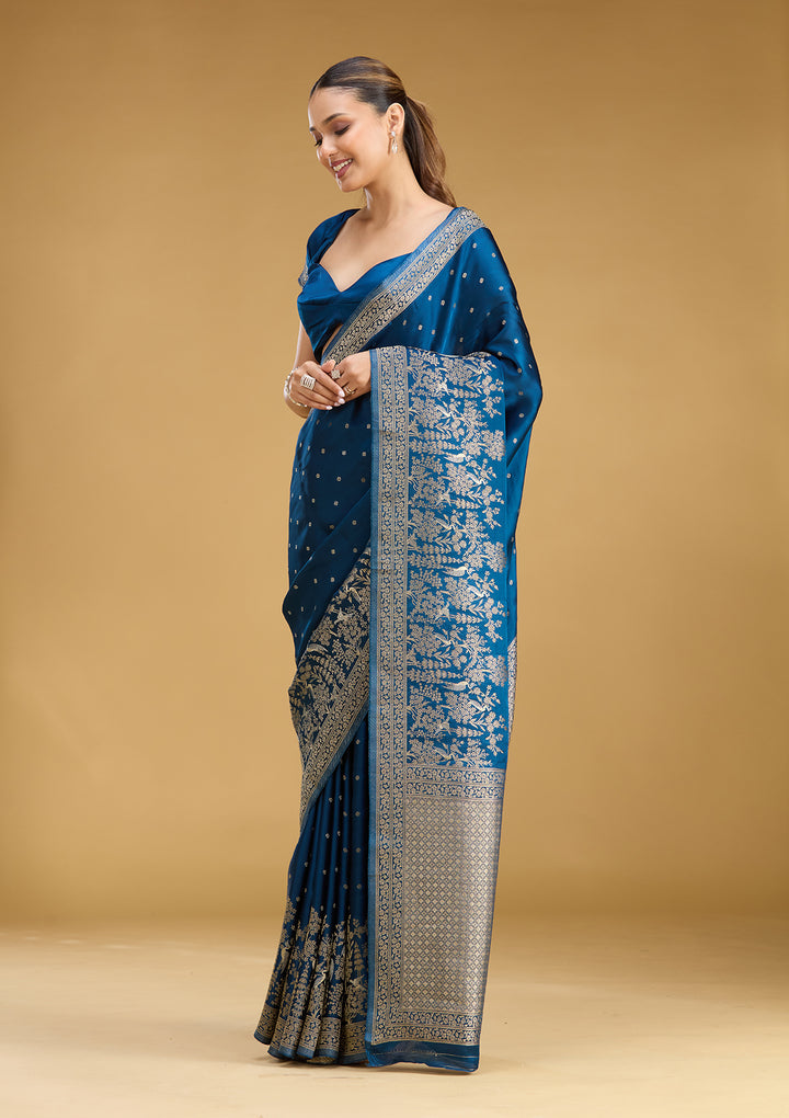 Peacock Blue Crepe Buti Gold Zariwork Saree With Matching Blouse Piece