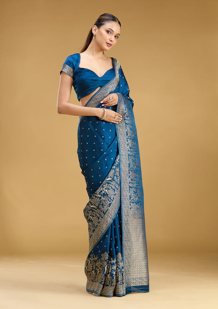 Peacock Blue Crepe Buti Gold Zariwork Saree With Matching Blouse Piece