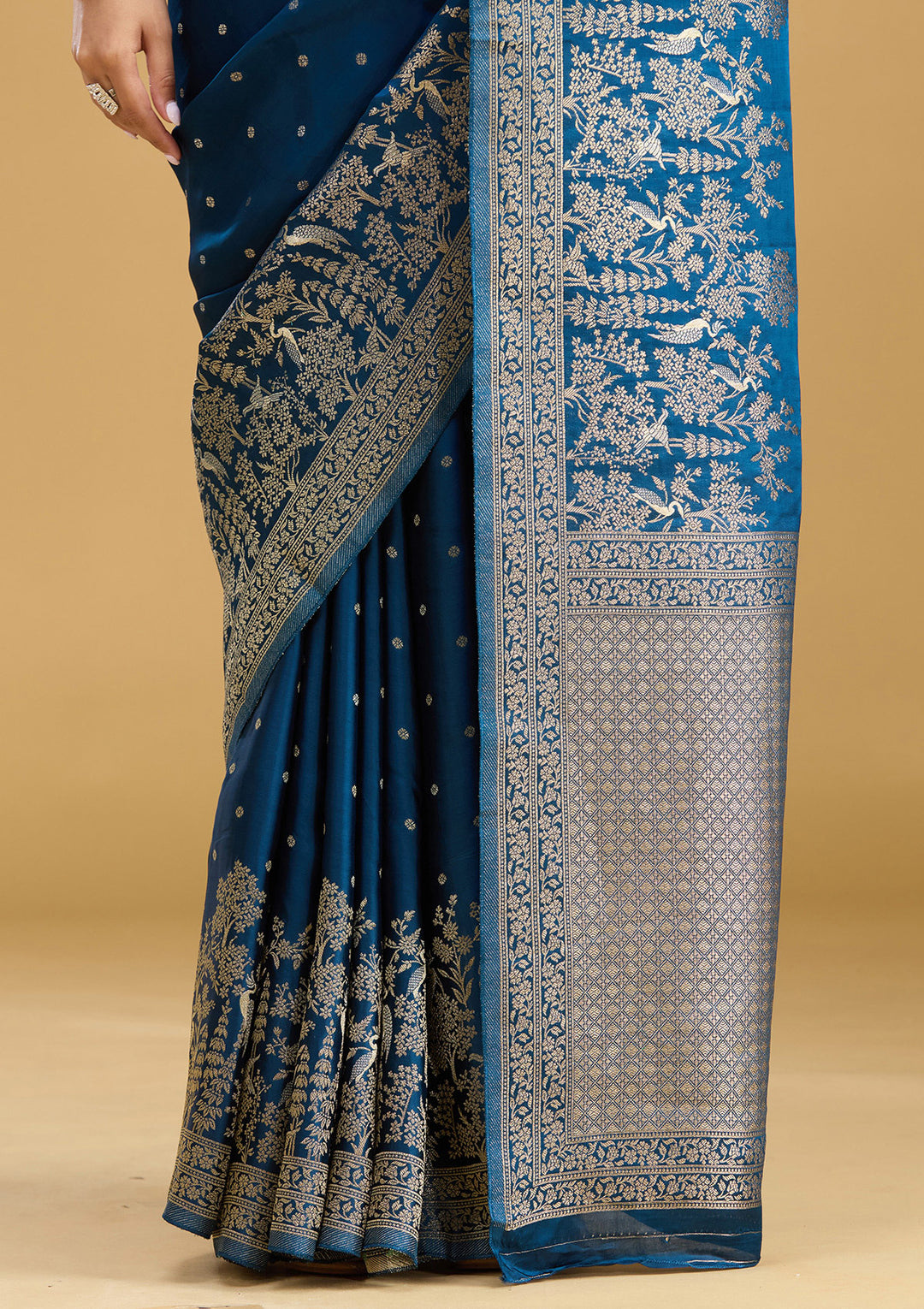 Peacock Blue Crepe Buti Gold Zariwork Saree With Matching Blouse Piece