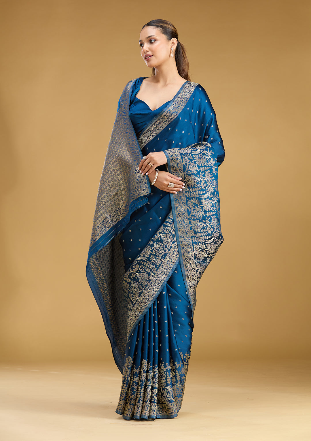 Peacock Blue Crepe Buti Gold Zariwork Saree With Matching Blouse Piece