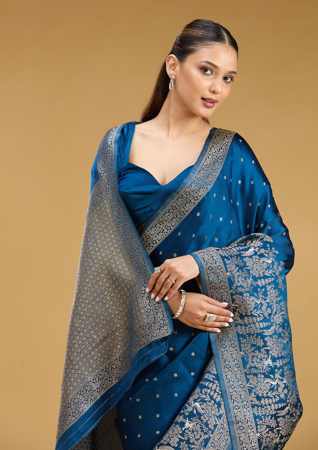 Peacock Blue Crepe Buti Gold Zariwork Saree With Matching Blouse Piece