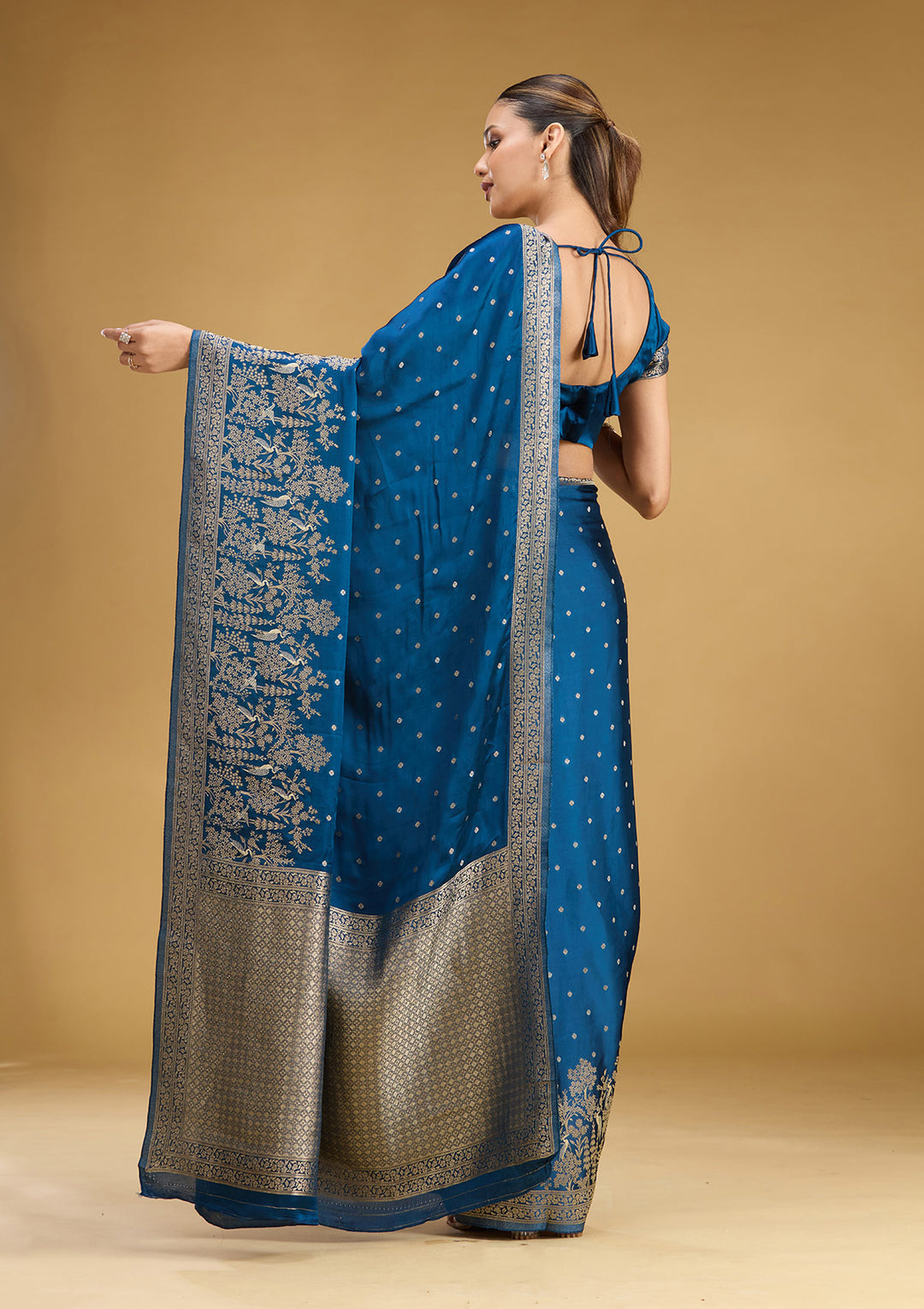 Peacock Blue Crepe Buti Gold Zariwork Saree With Matching Blouse Piece