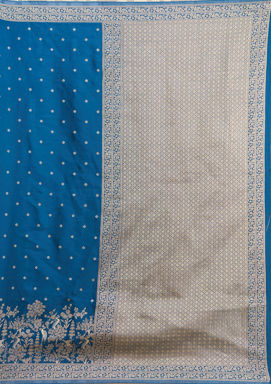 Peacock Blue Crepe Buti Gold Zariwork Saree With Matching Blouse Piece