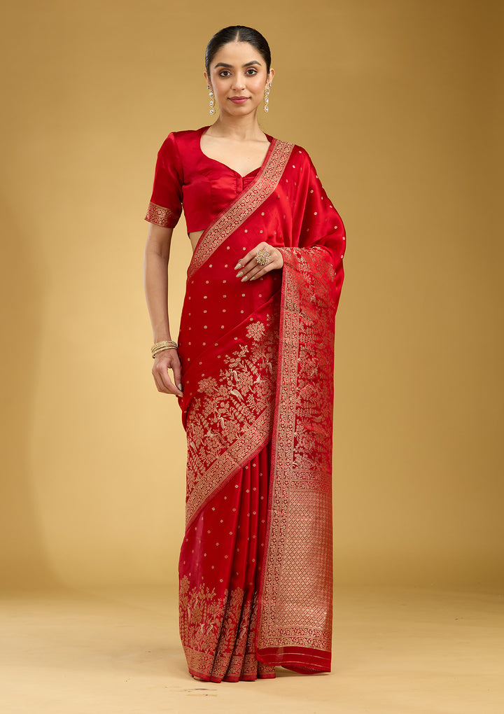 Red Crepe Buti Gold Zariwork Saree With Matching Blouse Piece