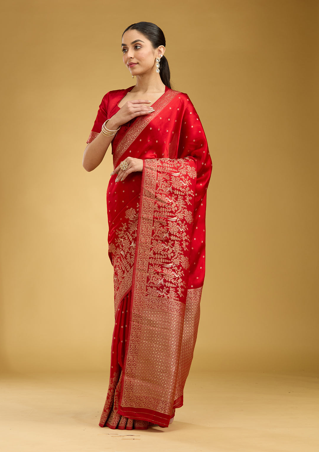 Red Crepe Buti Gold Zariwork Saree With Matching Blouse Piece