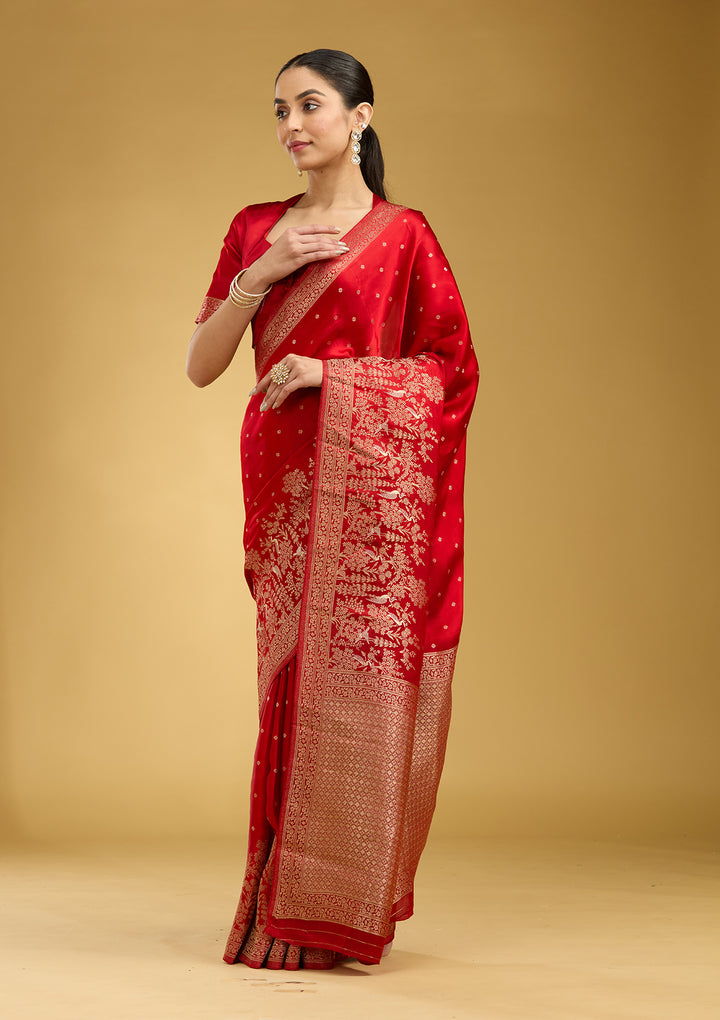 Red Crepe Buti Gold Zariwork Saree With Matching Blouse Piece