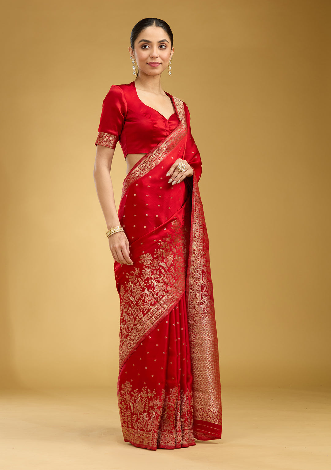 Red Crepe Buti Gold Zariwork Saree With Matching Blouse Piece