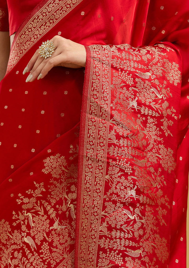 Red Crepe Buti Gold Zariwork Saree With Matching Blouse Piece